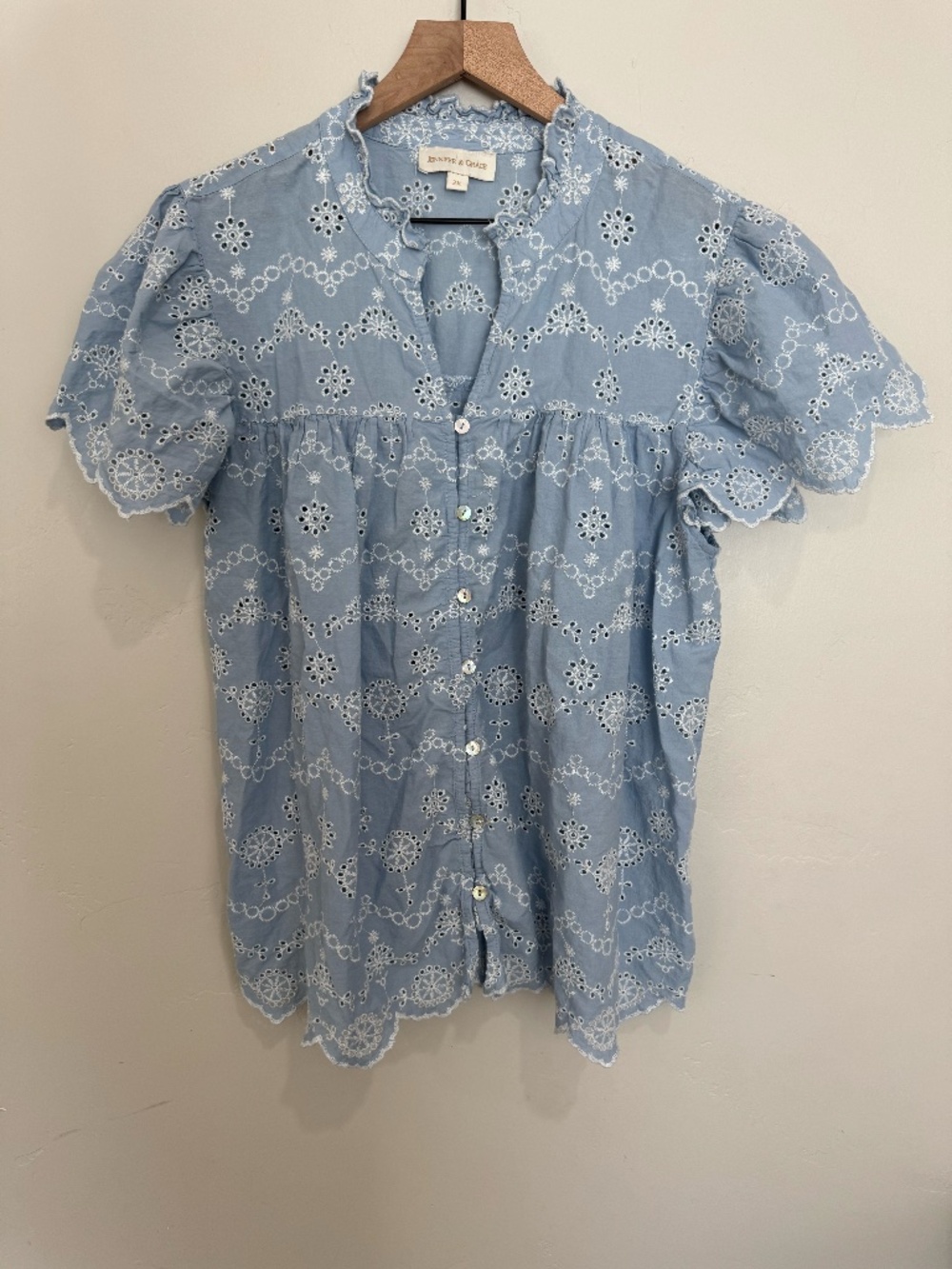 Jennifer & Grace Blue Eyelet Cotton Blouse Button Front Size 2X Flutter Sleeve
